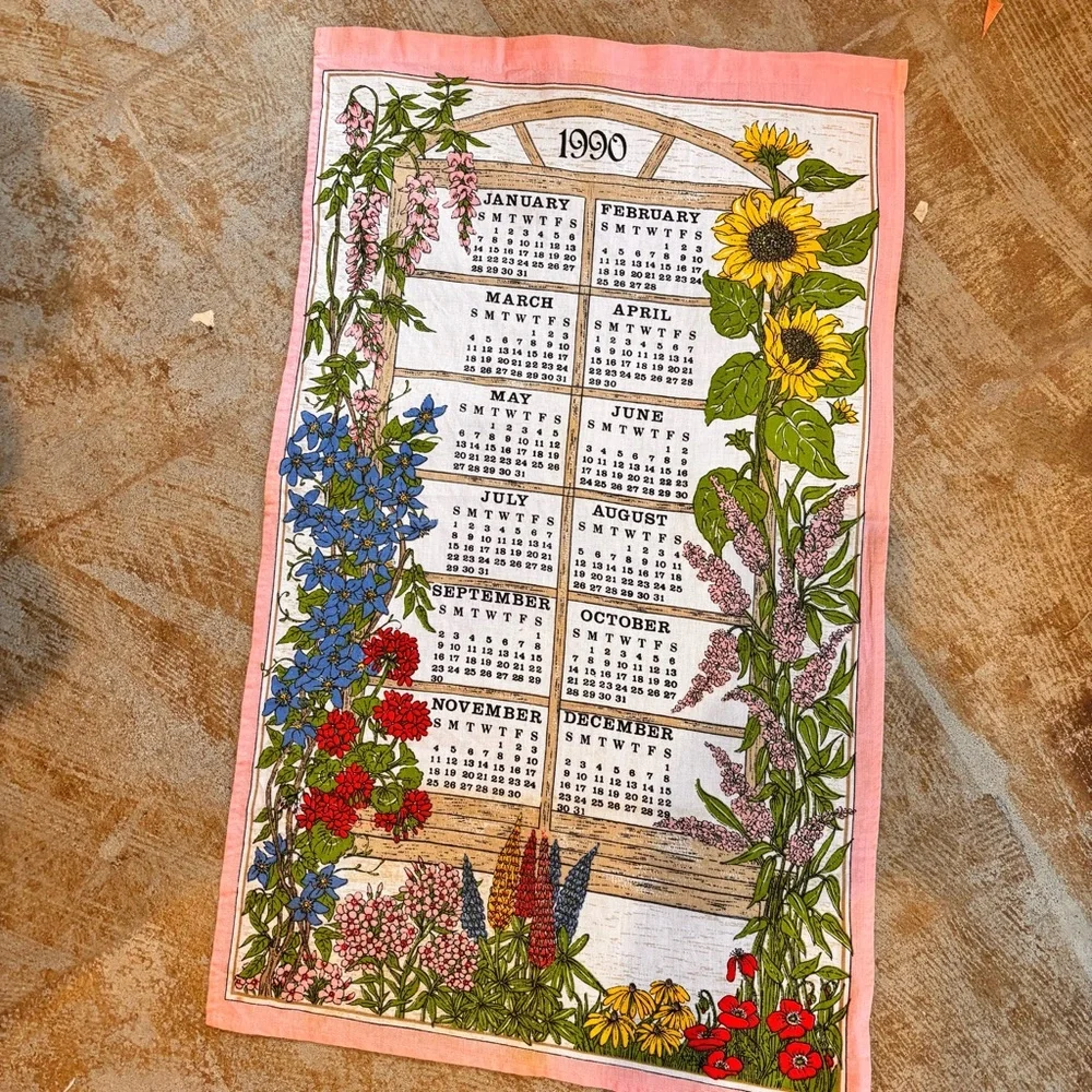Vintage 1990 calendar months of the year tea towel pink border